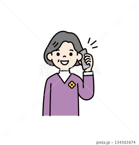 スマートフォンで通話する・話す、おばあさん・祖母・中高年女性のベクターイラスト素材_カラー スマートフォンで通話する・話す、おばあさん・祖母・中高年女性のベクターイラスト素材_カラー 134383874