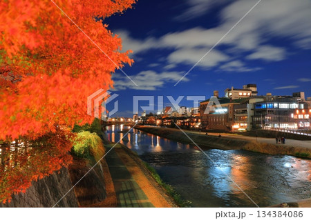 【京都府】京都先斗町と鴨川河川敷の夜景（四条河原町） 134384086