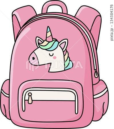 Cute Pastel Pink Backpack with Unicorn Head Illustration for Kids School Supplies 134384176