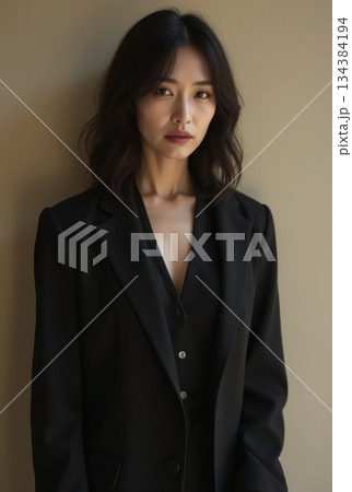 暗い顔をした黒いジャケットファッションの中年女性 134384194