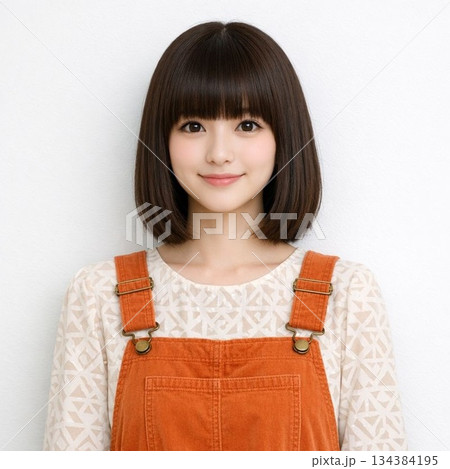 白壁の前のおかっぱボブの女性 35 134384195