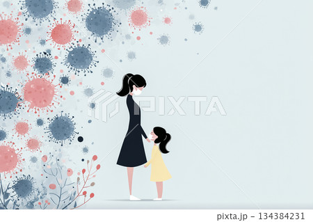 予防接種後に寄り添う親子のイメージ　医療・安心・ケアを伝えるイラスト 134384231