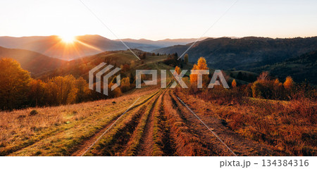 Dawn time. Wide panorama, majestic view of autumn Carpathians Dawn time. Wide panorama, majestic view of autumn Carpathians 134384316