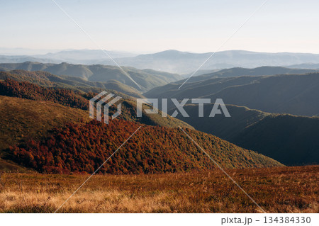 The hill. Majestic view of Carpathian mountains, autumn season The hill. Majestic view of Carpathian mountains, autumn season 134384330