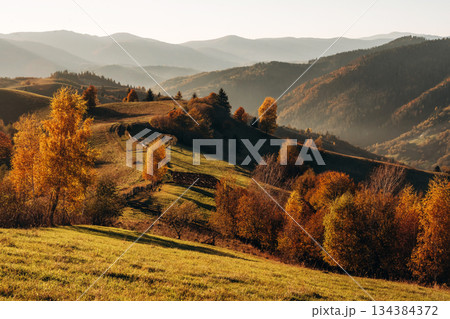Amazing awe landscape. Majestic view of Carpathian mountains, autumn season Amazing awe landscape. Majestic view of Carpathian mountains, autumn season 134384372