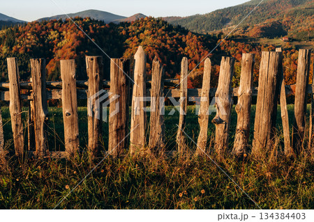 Wooden fence is in the Carpathian mountains, autumn season Wooden fence is in the Carpathian mountains, autumn season 134384403