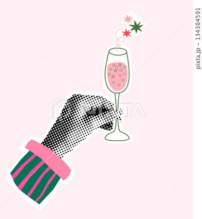 Vector halftone hand collage holding a glass of champagne, fun celebration graphic design element for posters and invitation 134384591