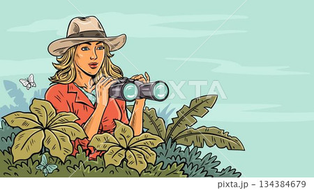 Woman explorer with binoculars in tropical nature 134384679