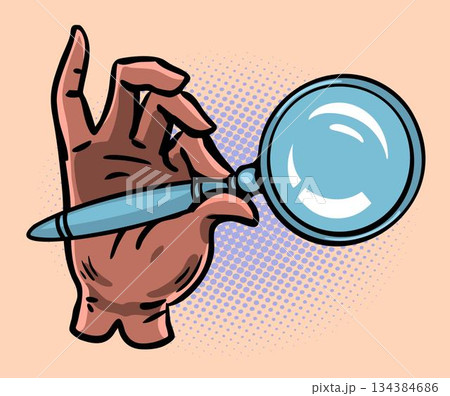 Gloved hand holding magnifying glass in pop art style 134384686