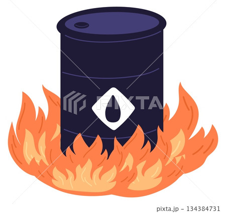 Black metal barrel of oil on fire. Ignition of petroleum products. Gas combustion. Flammable liquid. Gasoline tank with blazing flame. Ignite hazard. Petroleum burning. Vector concept 134384731