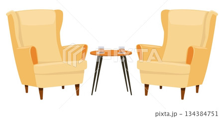 Comfortable soft armchairs. Coffee table with whiskey glasses and ice. Living room or club interior. Modern furniture for bar. Lounge seat. Home furnishing vector isolated objects set 134384751