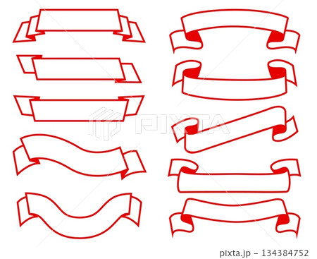 Contour frames made of red ribbons. Premium silk labels. Holiday celebration tapes. Curved flags. Empty banner for promotional text. Contour border of stripe. Scrapbook elements vector set 134384752