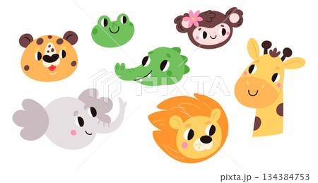 Cute funny faces of cartoon animals. Lion and giraffe. Joyful monkey. Smiling adorable crocodile. Tiger and elephant isolated heads. Zoo characters fun. Happy mammal muzzles vector set 134384753