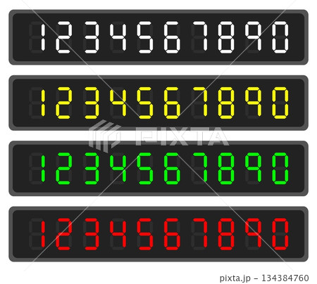 Electronic panel with digital numbers in white, green, red and yellow on black background. Scoreboard numeral signs. Timer digits. Screen numeric symbols. Vector led board icons set 134384760
