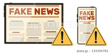 Fake news on tablet and phone screens. Misinformation propaganda. Web reportage fiction. False computer newsletter. Press falsification. Vector concept of disinformation on social media Fake news on tablet and phone screens. Misinformation propaganda. Web reportage fiction. False computer newsletter. Press falsification. Vector concept of disinformation on social media 134384762