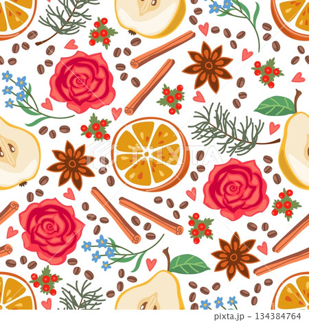Fruit pieces and flowers seamless pattern. Lemon and pear slices. Coffee beans. Floral repeated print. Cinnamon and anise spice. Aroma organic flavors. Rosemary herb. Vector background 134384764