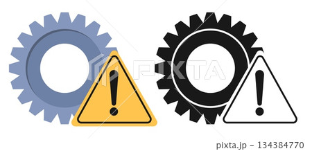 Icon with gear and triangular yellow sign. Exclamation mark. Equipment failure or malfunction. Black silhouette cogwheel. Repair attention badge. Error tag. Vector warning symbols set Icon with gear and triangular yellow sign. Exclamation mark. Equipment failure or malfunction. Black silhouette cogwheel. Repair attention badge. Error tag. Vector warning symbols set 134384770