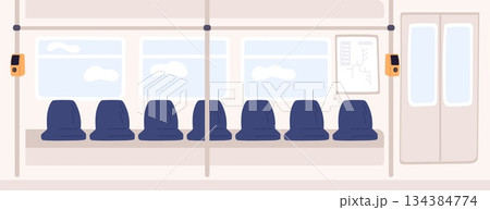 Interior of subway train. Bus or trolleybus. Railroad transportation. Comfortable public transport cabin with seats, handrails and fare payment terminals. Vector railway carriage inside 134384774