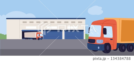 Large warehouse with cargo and trucks. Modern logistics company. Freight transportation or delivery. Lorries drive at storehouse garage. Distribution hub. Wholesale shipment. Vector concept 134384788