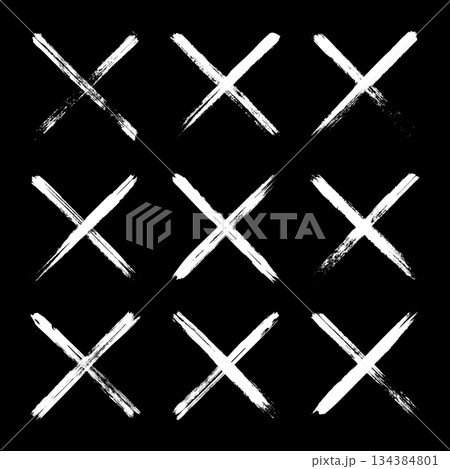Grunge crosses, brush strokes, x mark, lines, ink smudges, hand-drawn scribble shapes. Handmade sketchy marks, acrylic stains, charcoal streaks. Paint textures, dry brush effect. Vector illustration 134384801