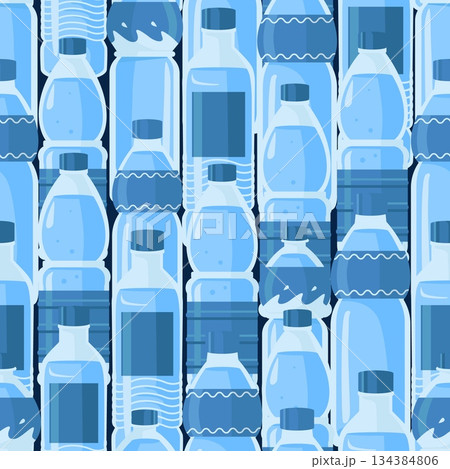 Plastic water bottles seamless pattern. Containers for drinking liquid. Refreshing cold beverage. Pure bottled aqua. Repeated print. H2O hydration. Disposable flasks. Vector background 134384806