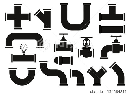 Water pipe elements. Piping supply system black silhouette. Plumbing valves and taps. Faucets and pressure gauges. Canalization junction. Tubing connection isolated parts vector set Water pipe elements. Piping supply system black silhouette. Plumbing valves and taps. Faucets and pressure gauges. Canalization junction. Tubing connection isolated parts vector set 134384811