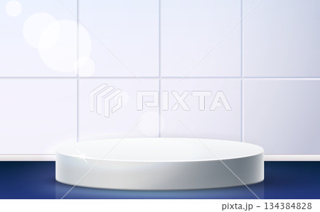 White podium on shiny table against ceramic tile backdrop for product display. Bathroom interior. Exhibition platform stage. Cosmetic stand. Kitchen cylinder showcase. Vector background 134384828