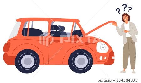 Woman does not know what to do when her car breaks down on road. Breakdown vehicle with opened hood. Confused female driver. Automobile malfunction. Disappointed girl. Vector concept Woman does not know what to do when her car breaks down on road. Breakdown vehicle with opened hood. Confused female driver. Automobile malfunction. Disappointed girl. Vector concept 134384835