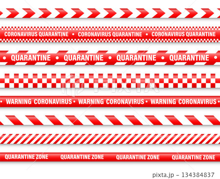 Quarantine zone warning tape. Novel coronavirus outbreak. Global lockdown. Red coronavirus danger stripe. Police caution line, restricted area. Construction tape. Vector illustration 134384837