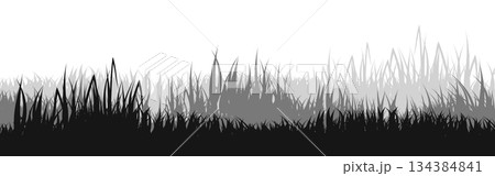 Meadow silhouette with grass, plants on plain. Panoramic summer lawn landscape with herbs, various weeds. Herbal border, frame element. Black horizontal banners. Vector illustration Meadow silhouette with grass, plants on plain. Panoramic summer lawn landscape with herbs, various weeds. Herbal border, frame element. Black horizontal banners. Vector illustration 134384841