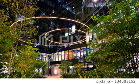 Modern office building in city center illuminated at night. Rows of lit windows against the architectural grid of a modern facade. Concrete and glass facade in its night version. Modern office building in city center illuminated at night. Rows of lit windows against the architectural grid of a modern facade. Concrete and glass facade in its night version. 134385152