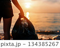 A person collects plastic wastes including bottle with empty space for text a concept of save the environment, Generative AI. 134385267