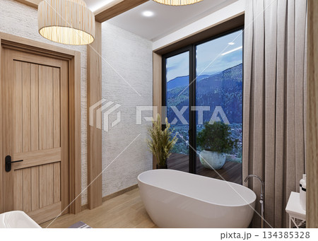 Bedroom combined with bathroom in ethnic style in a mountainous area Bedroom combined with bathroom in ethnic style in a mountainous area 134385328