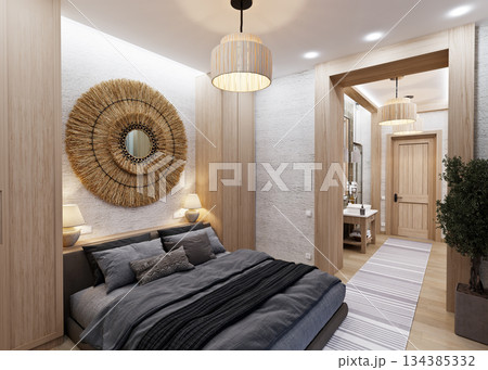 Bedroom combined with bathroom in ethnic style in a mountainous area 134385332