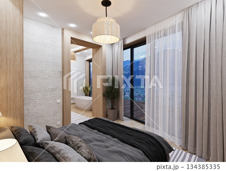 Bedroom combined with bathroom in ethnic style in a mountainous area 134385335