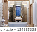 Bedroom combined with bathroom in ethnic style in a mountainous area 134385338