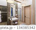 Bedroom combined with bathroom in ethnic style in a mountainous area 134385342