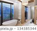 Bedroom combined with bathroom in ethnic style in a mountainous area 134385344