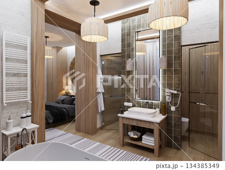 Bedroom combined with bathroom in ethnic style in a mountainous area Bedroom combined with bathroom in ethnic style in a mountainous area 134385349