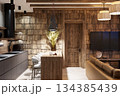 Living room with stone in an ethnic style interior in a mountainous area 134385439
