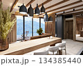 Living room with stone in an ethnic style interior in a mountainous area 134385440