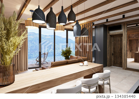 Living room with stone in an ethnic style interior in a mountainous area Living room with stone in an ethnic style interior in a mountainous area 134385440