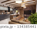 Living room with stone in an ethnic style interior in a mountainous area 134385441