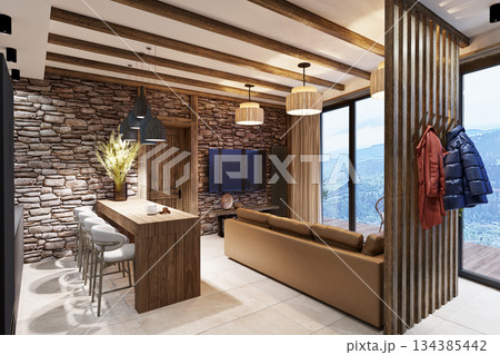 Living room with stone in an ethnic style interior in a mountainous area Living room with stone in an ethnic style interior in a mountainous area 134385442