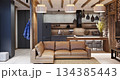 Living room with stone in an ethnic style interior in a mountainous area 134385443