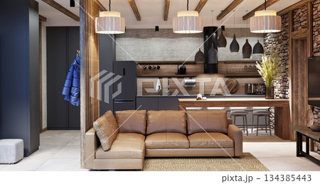Living room with stone in an ethnic style interior in a mountainous area Living room with stone in an ethnic style interior in a mountainous area 134385443