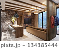 Living room with stone in an ethnic style interior in a mountainous area 134385444