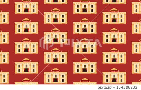Seamless theatre pattern featuring classic theatre building architecture, cultural arts background illustration 134386232