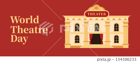 Red retro web banner for World Theatre Day featuring classic theatre building facade, cultural heritage concept and vintage design style 134386233