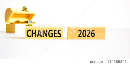 Changes 2026 symbol. Concept words Changes 2026 on beautiful wooden blocks. Beautiful white paper background. Beautiful wooden chest with coins. Business and changes 2026 concept. Copy space. 134386243